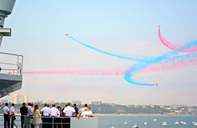 The ever-popular Red Arrows display team on the Bournemouth skyline.