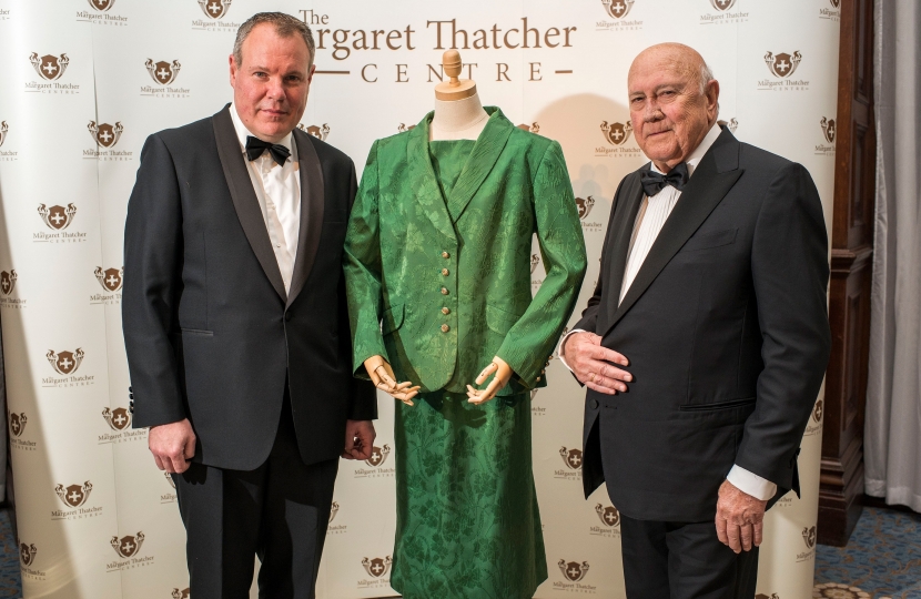 Conor with former South African President FW De Klerk and one of Margaret Thatcher's outfits at The Margaret Thatcher Centre Third Annual Lecture and Gala Dinner.