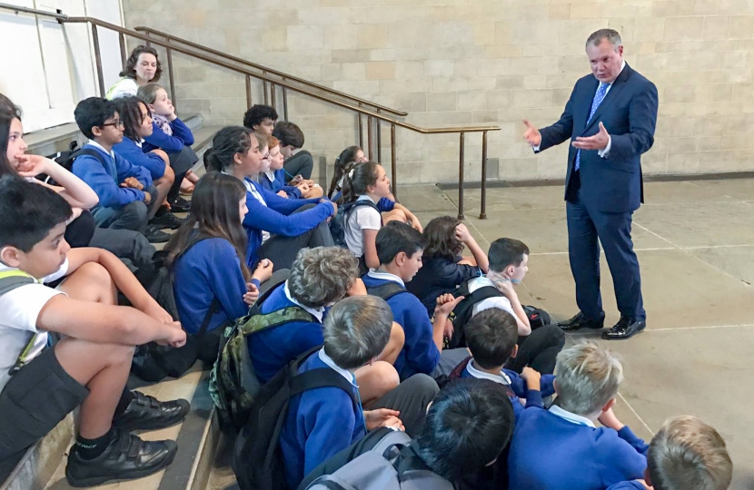Conor answering questions from St. Michael's School pupils during their visit to Parliament.