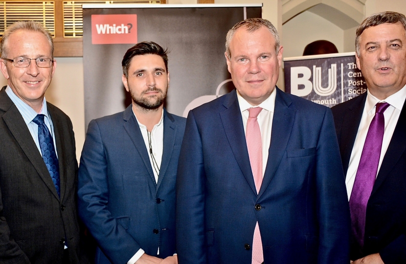 Conor pictured with (l-r) Professor John Vinney (Vice-Chancellor of BU), Oliver (Which?), Professor Keith Brown (Director of the Centre for Post-Qualifying Social Work at BU).