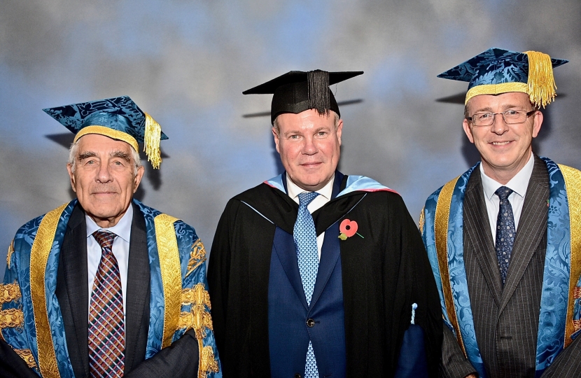 Conor pictured with BU Chancellor Rt Hon Lord Nicholas Phillips and BU Vice-Chancellor John Vinney.