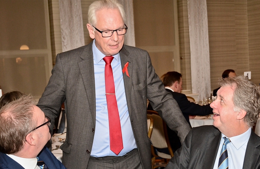 Lord Maude pictured speaking to a table with David Sidwick, Chairman of Bournemouth West Conservative Association. 