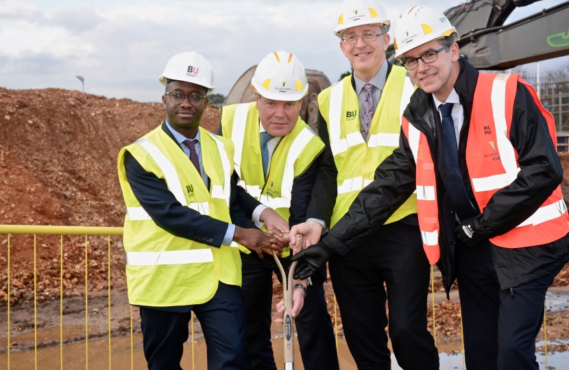Conor pictured breaking ground with Sam Gyimah MP, Vice Chancellor Professor John Vinney for a new academic building on campus. 