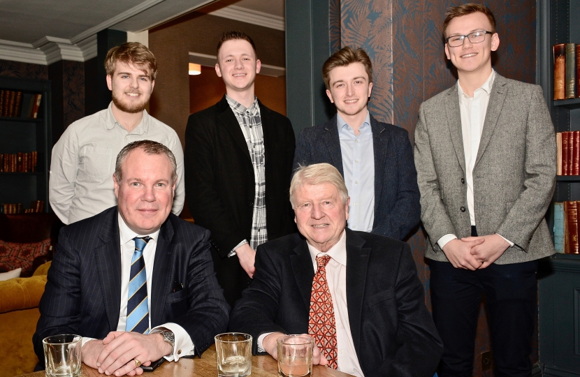 Conor pictured with Stanley Johnson and members of the Bournemouth University Conservative Society. 