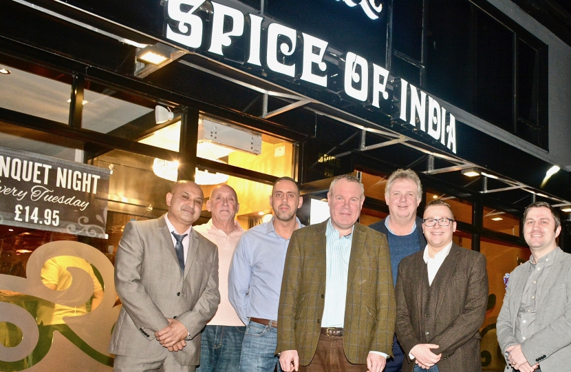 Conor with local Conservative candidates at the new Spice of India restaurant.