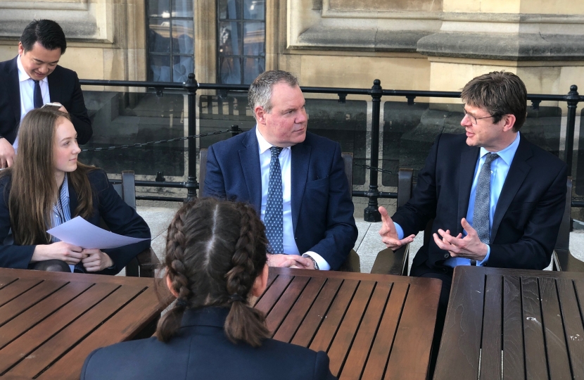 Conor and the Business Secretary chat to the pupils on the House of Commons Terrace.