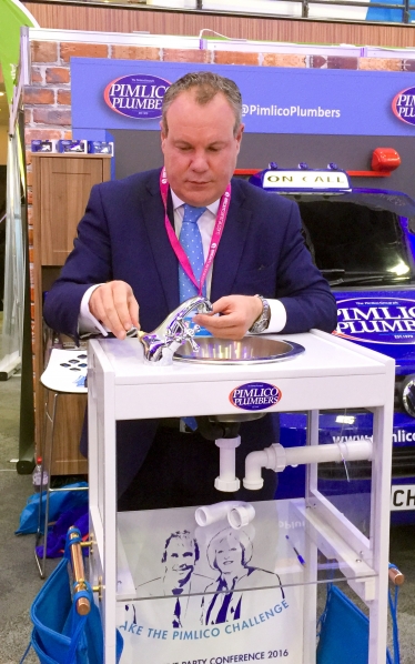 Conor takes part in the Pimlico Plumbers fix-a-tap challenge.
