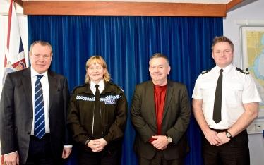 Conor with Chief Constable Debbie Simpson, Police and Crime Commissioner Martyn Underhill and Assistant Chief Constable Mark Cooper.